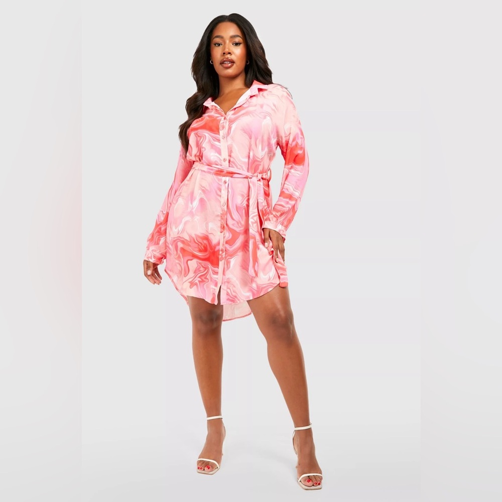 Boohoo Plus Pink and Orange Bishop Sleeve Wrap Dress